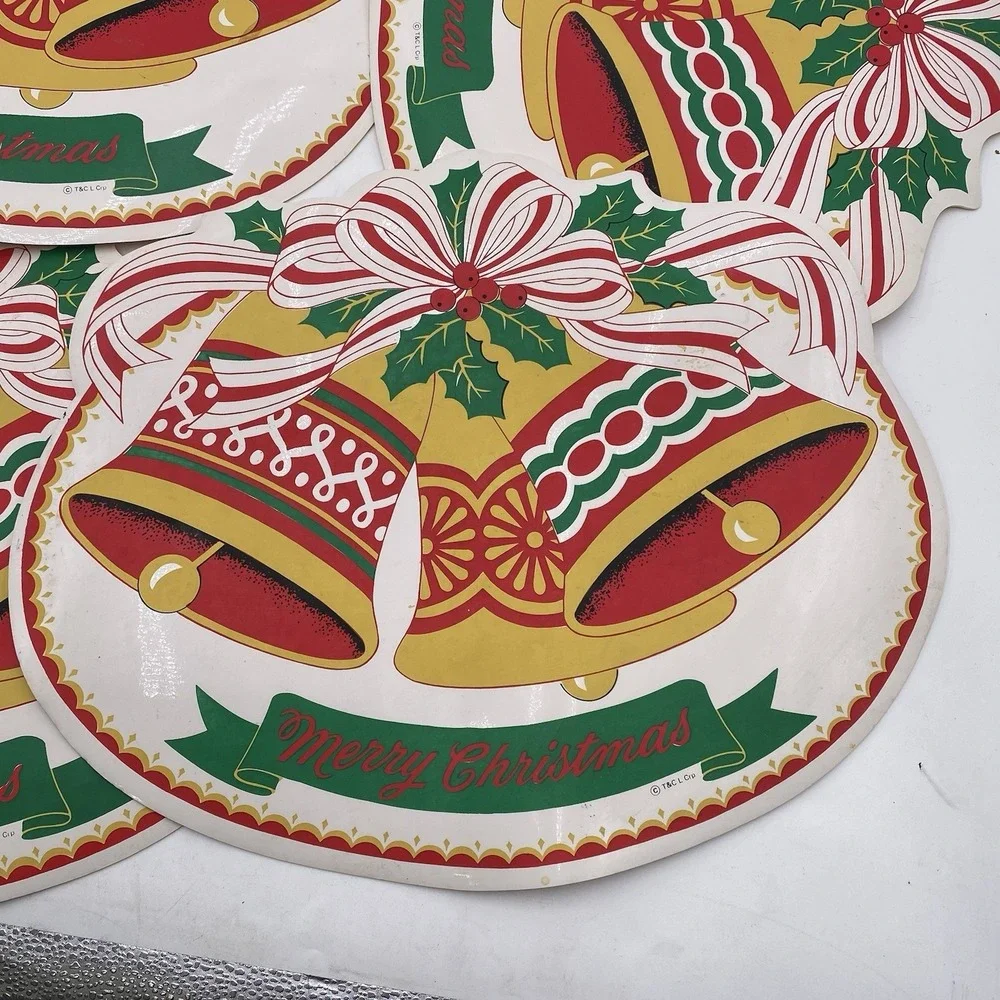 Town & Country Vinyl 1980s Christmas Table Placemats‎ 14 X 17 Bells MCM White